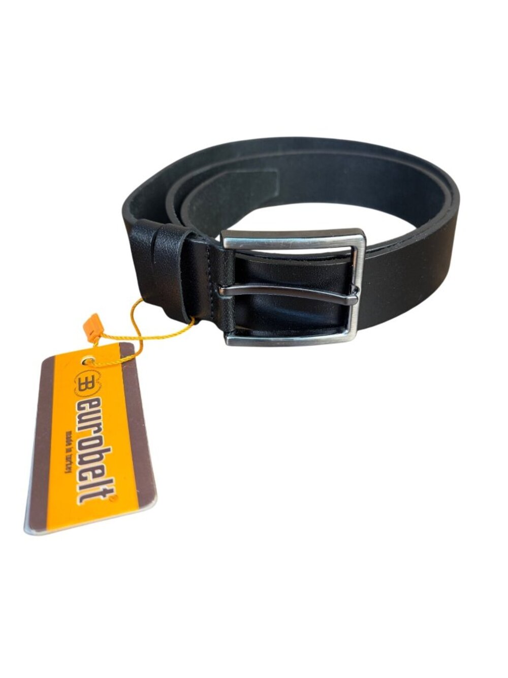 Eurobelt Mens Black Genuine Leather Belt Durable Silver Buckle Adjustable